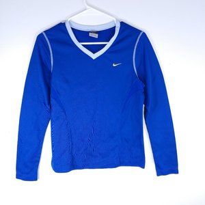 Nike Dri-Fit V-Neck Logo Blue Long Sleeve Shirt
